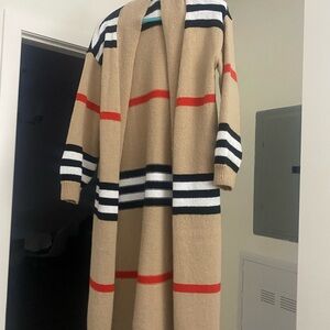 Striped Long Open Cardigan in Camel with Black, White & Red Stripes